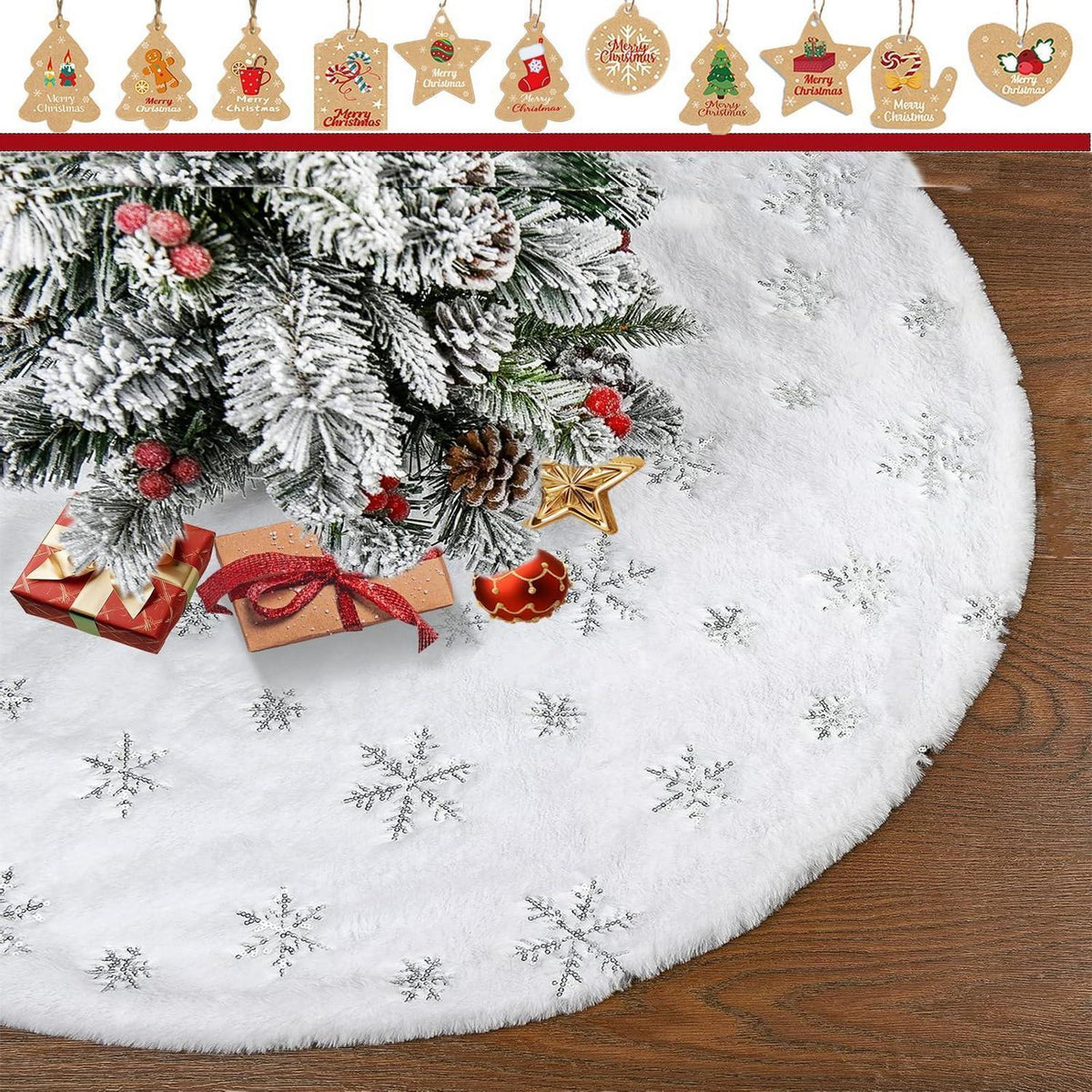 Weihnachtsbaumdecke Weiß Kunstfell 120 cm mit Schneeflocken & 50 Anhängern