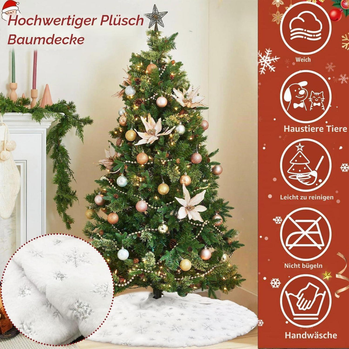 Weihnachtsbaumdecke Weiß Kunstfell 120 cm mit Schneeflocken & 50 Anhängern