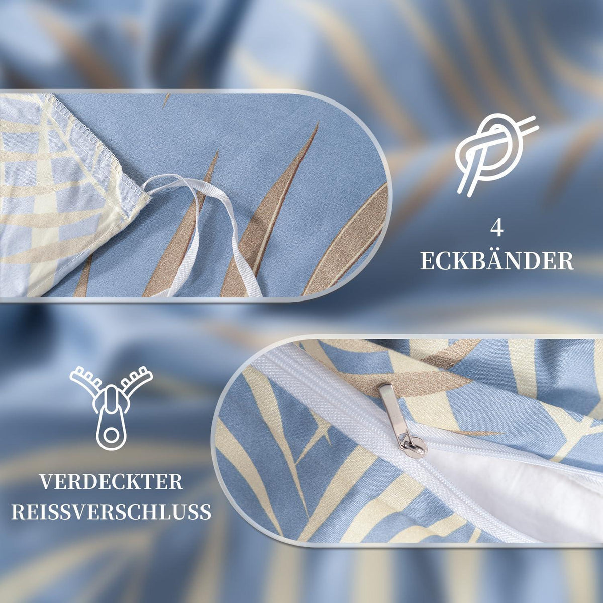 Mikrofaser Bettwäsche Set 135x200 cm Blau Blätter-Design