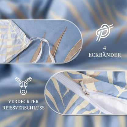 Mikrofaser Bettwäsche Set 135x200 cm Blau Blätter-Design