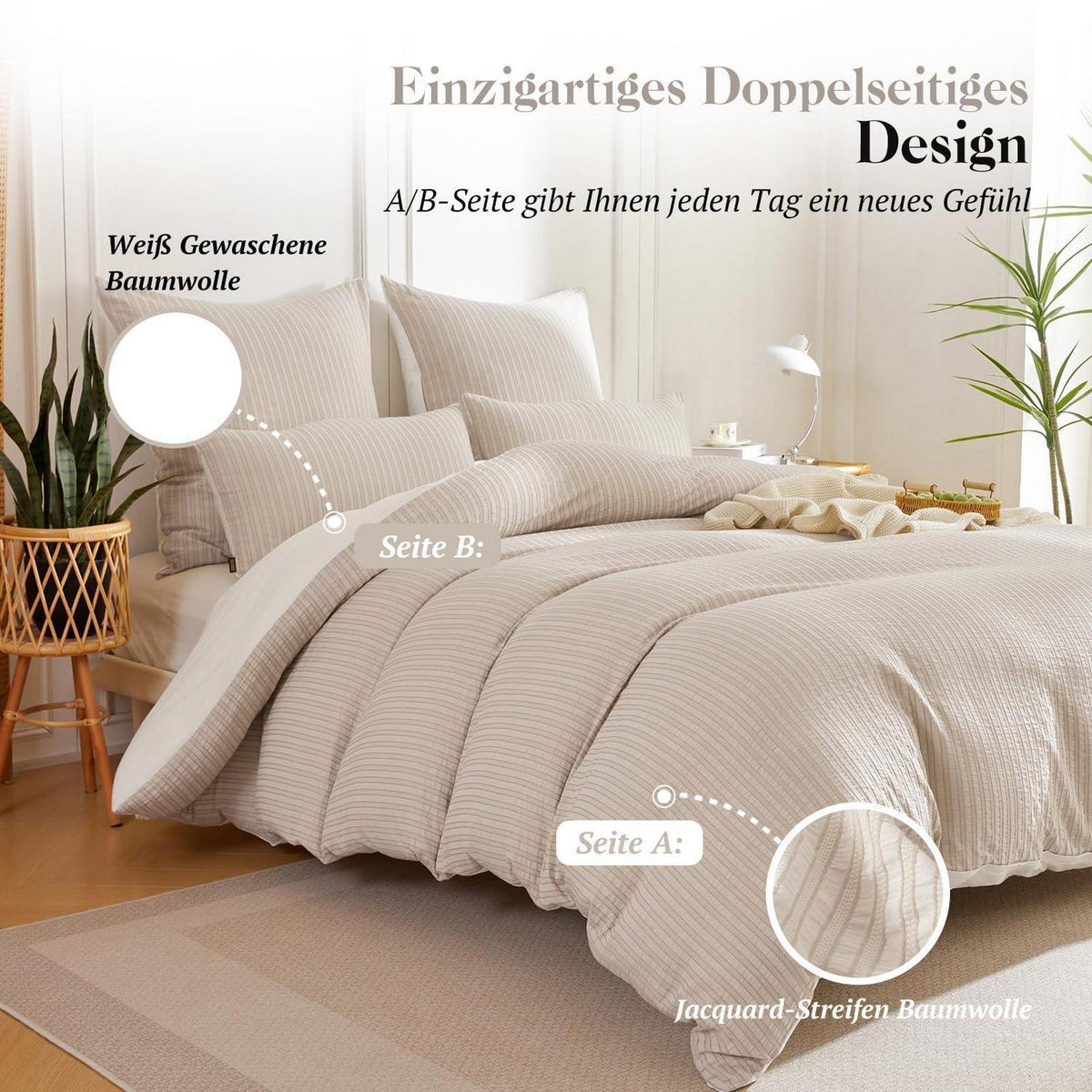 Bettwäsche-Set 135x200 Baumwolle Beige 4tlg. Jacquard & Stone Washed
