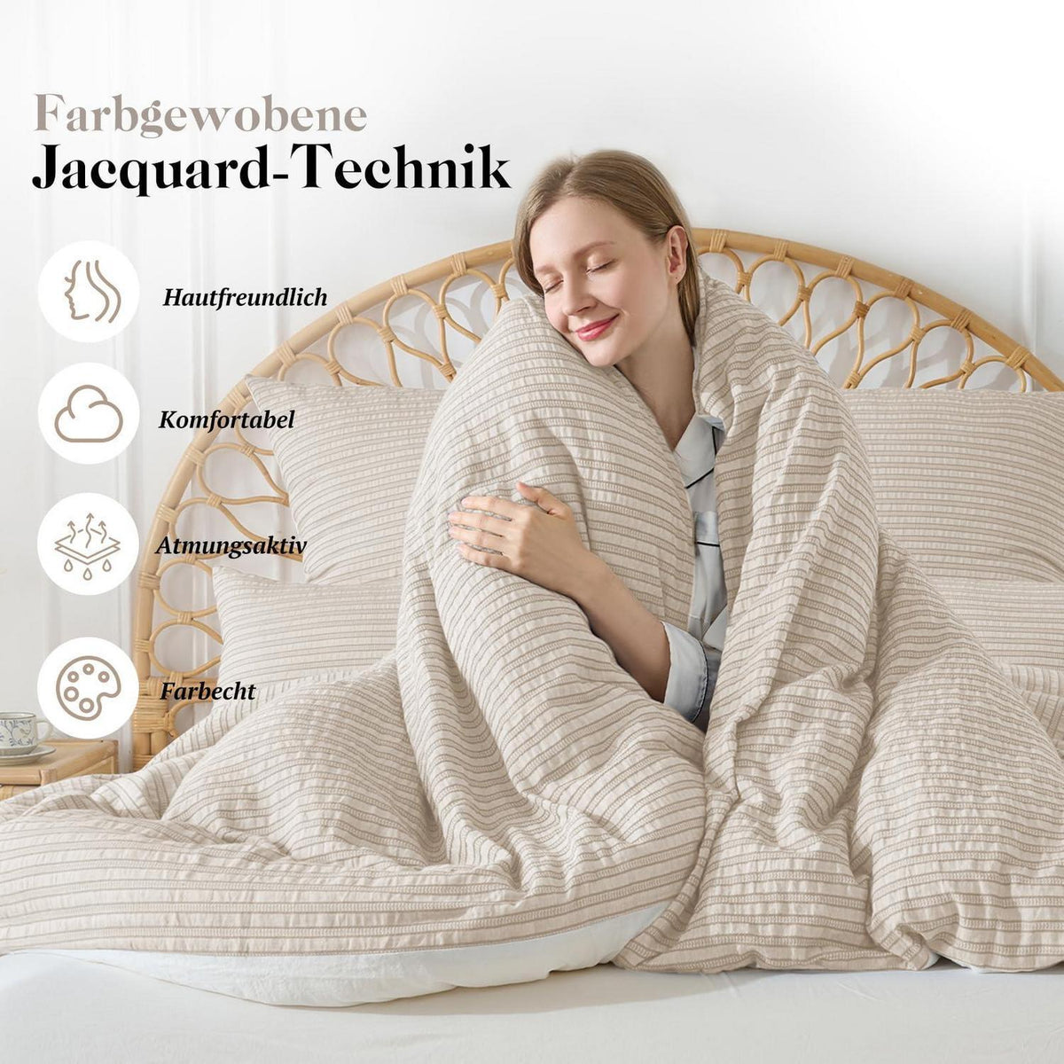 Bettwäsche-Set 135x200 Baumwolle Beige 4tlg. Jacquard & Stone Washed