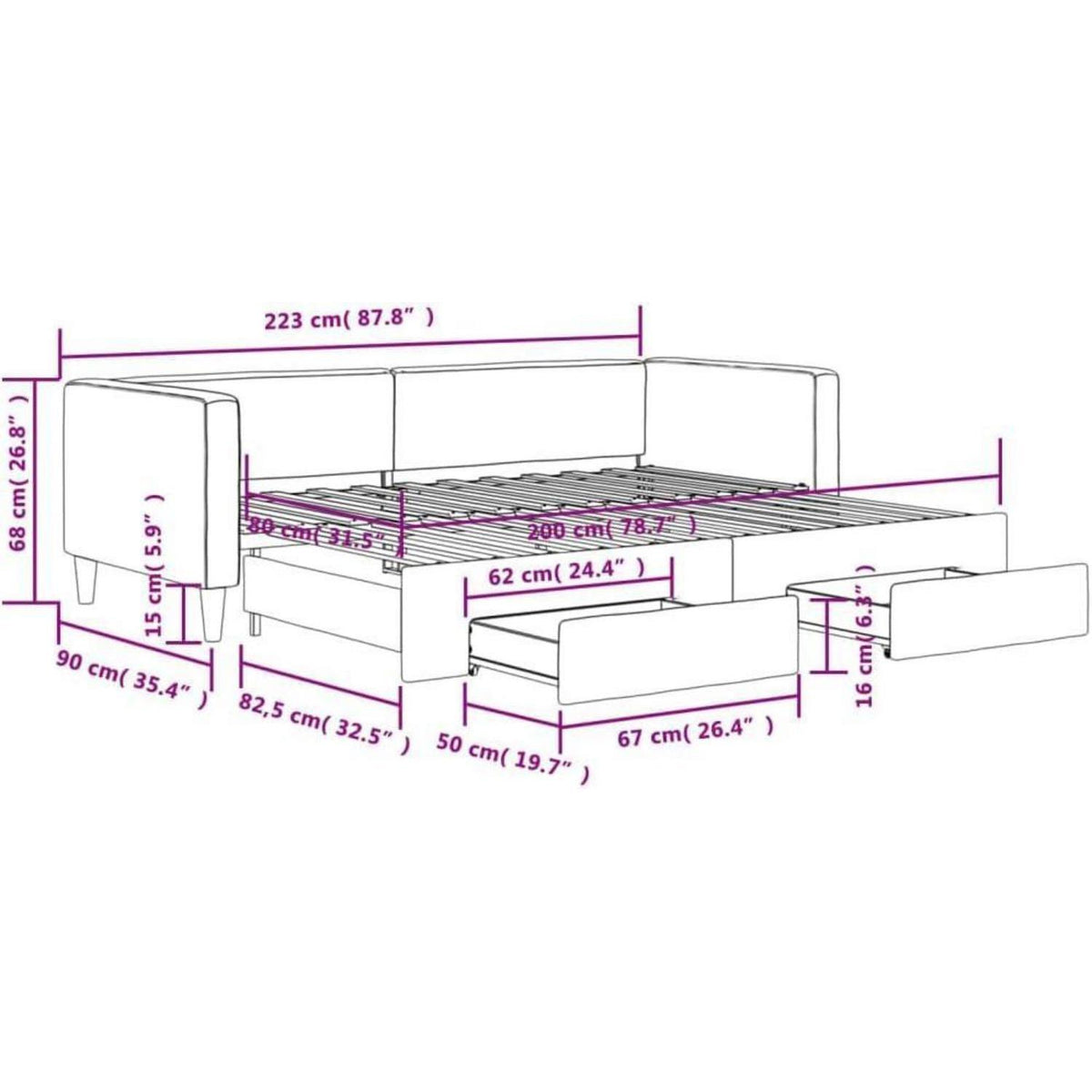 Tagesbett ausziehbar mit Schubladen – 80x200 cm Schlafsofa