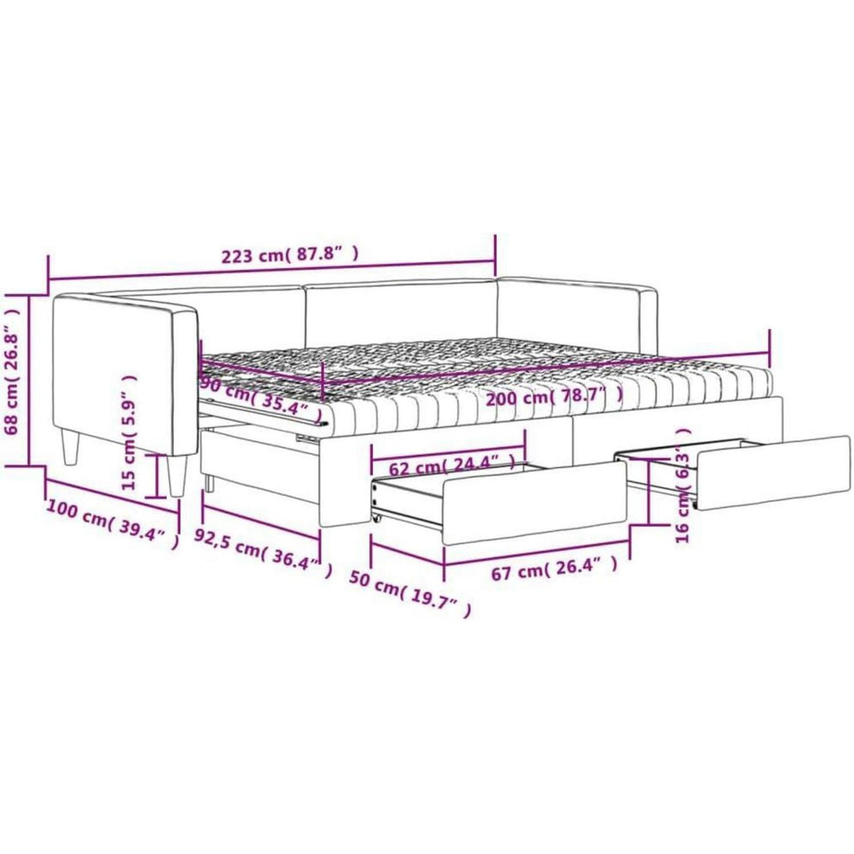2-Sitzer Schlafsofa mit Bettkasten & Schublade, 90x200 cm