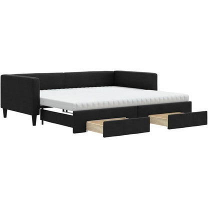 Tagesbett ausziehbar mit Schubladen – 2-Sitzer Sofabett Schwarz 100x200 cm