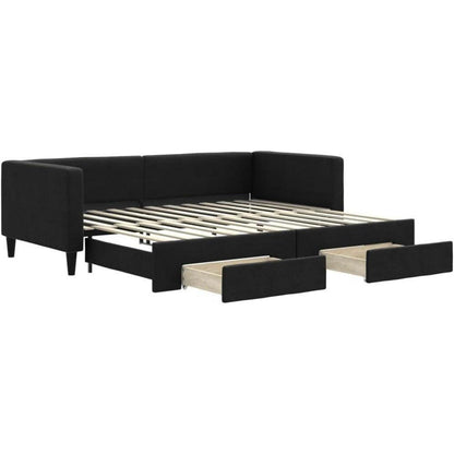 Schlafsofa 2-Sitzer Schwarz – Ausziehbett mit Bettkasten & Schublade