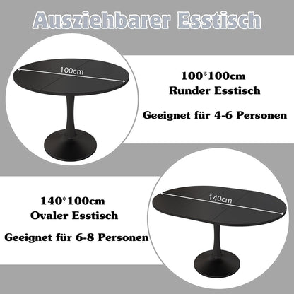 Runder Esstisch Ausziehbar Schwarz – 100/140x100cm