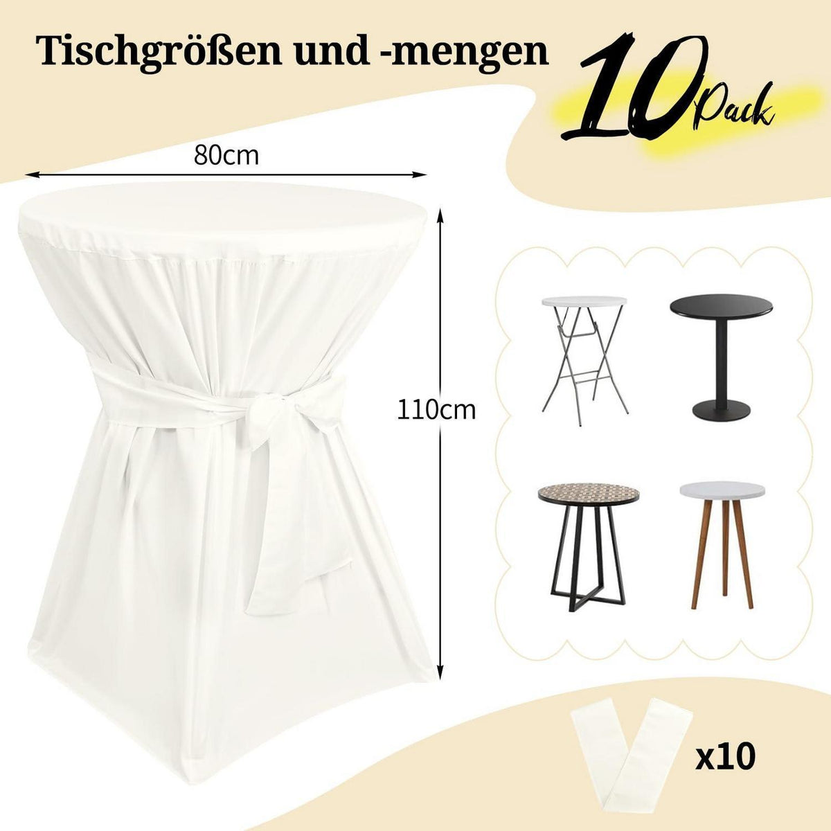 Stehtischhüllen Elfenbein – 10er Set für Tische Ø80-85cm