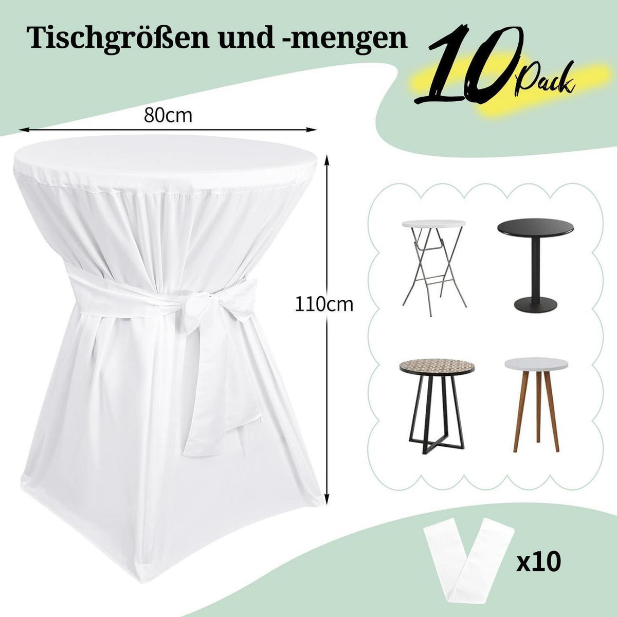 10 Stehtischhüllen Weiß – Ø80cm, Polyester mit Fußtaschen