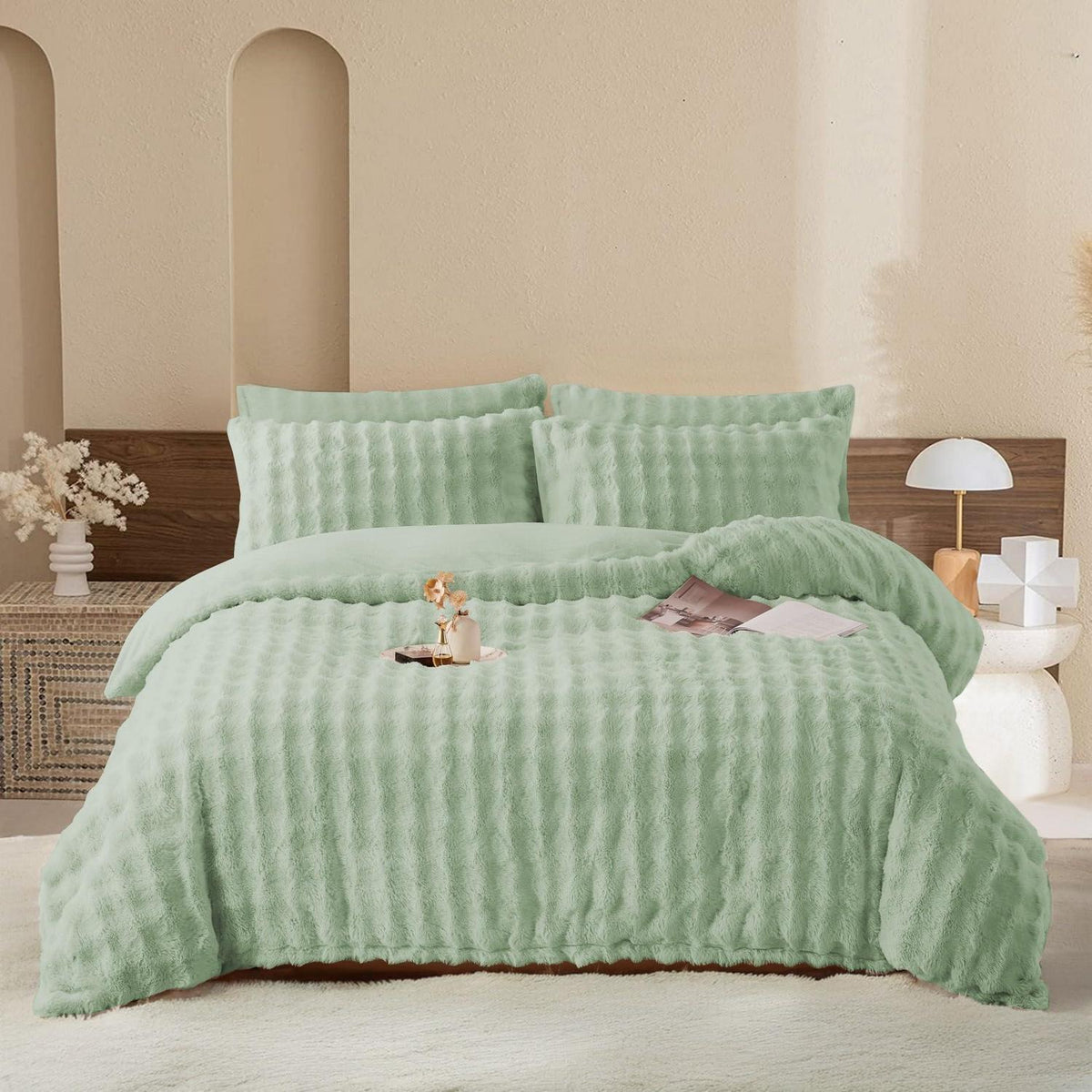 Plüsch Bettwäsche Set Salbeigrün 155x220 cm – Warm & Flauschig