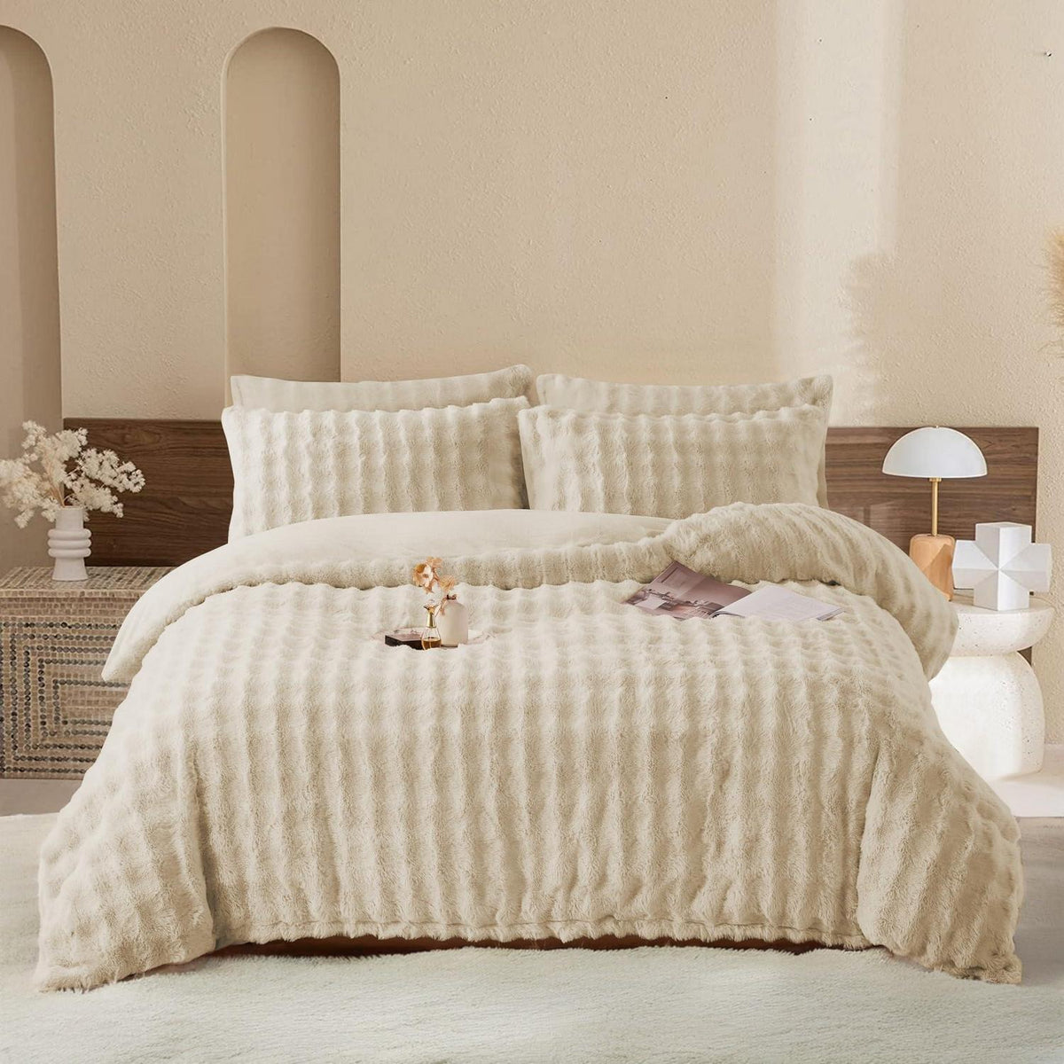 Langhaar Plüsch Bettwäsche Set 200x220 Beige, Superweich & Warm
