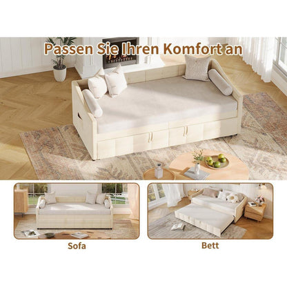 Ausziehbett 180x200 cm mit Seitentaschen & Flanellbezug (Creme)