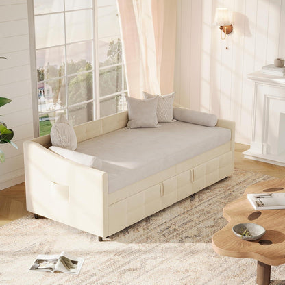Ausziehbett 180x200 cm mit Seitentaschen & Flanellbezug (Creme)