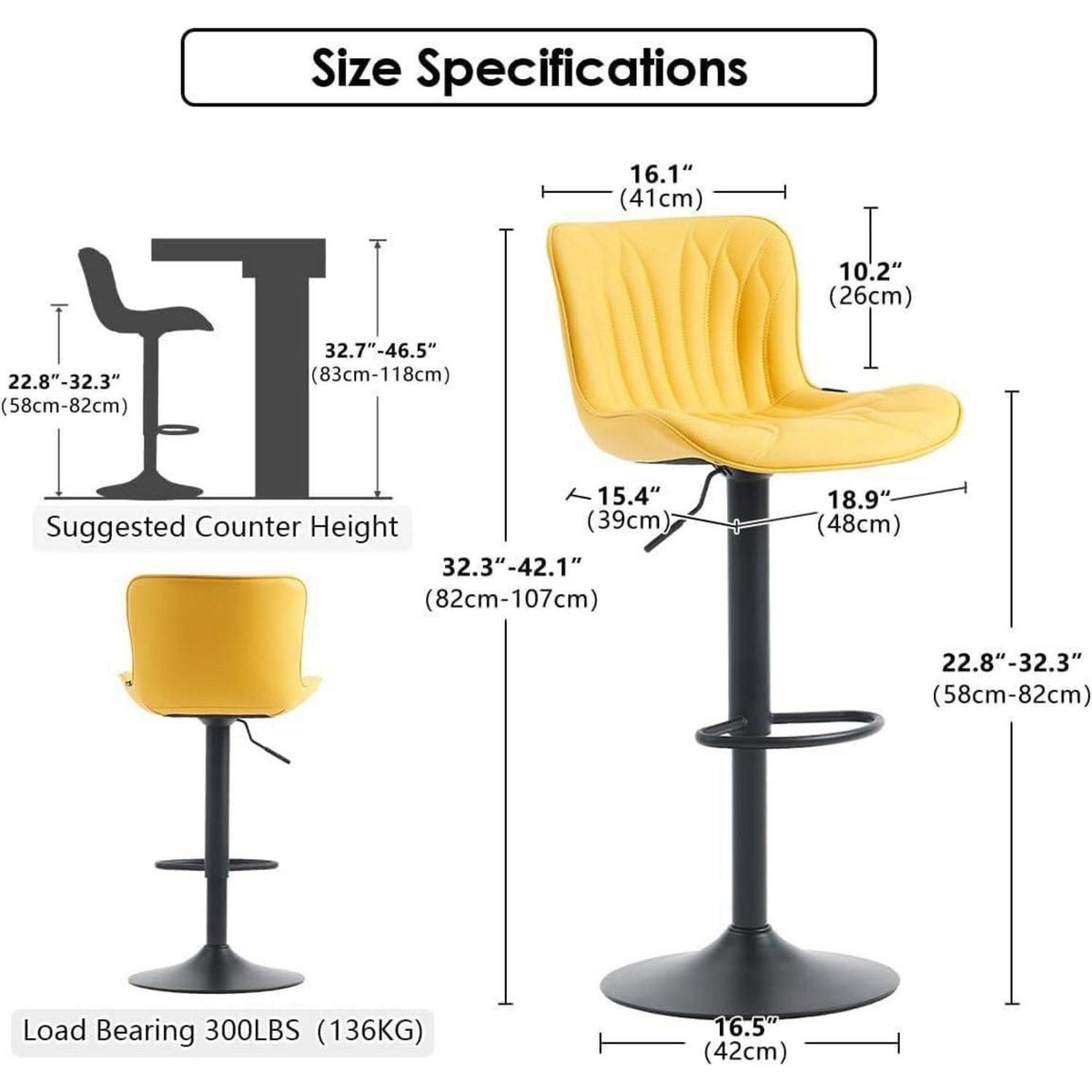 Drehbarer Barhocker 2er Set, Höhenverstellbar, Zitronengelb in Lederoptik