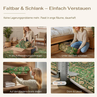 Waschbarer Teppich Grün Gold 200x300cm – Vintage Kurzflor