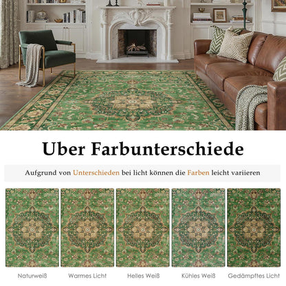 Waschbarer Teppich Grün Gold 200x300cm – Vintage Kurzflor