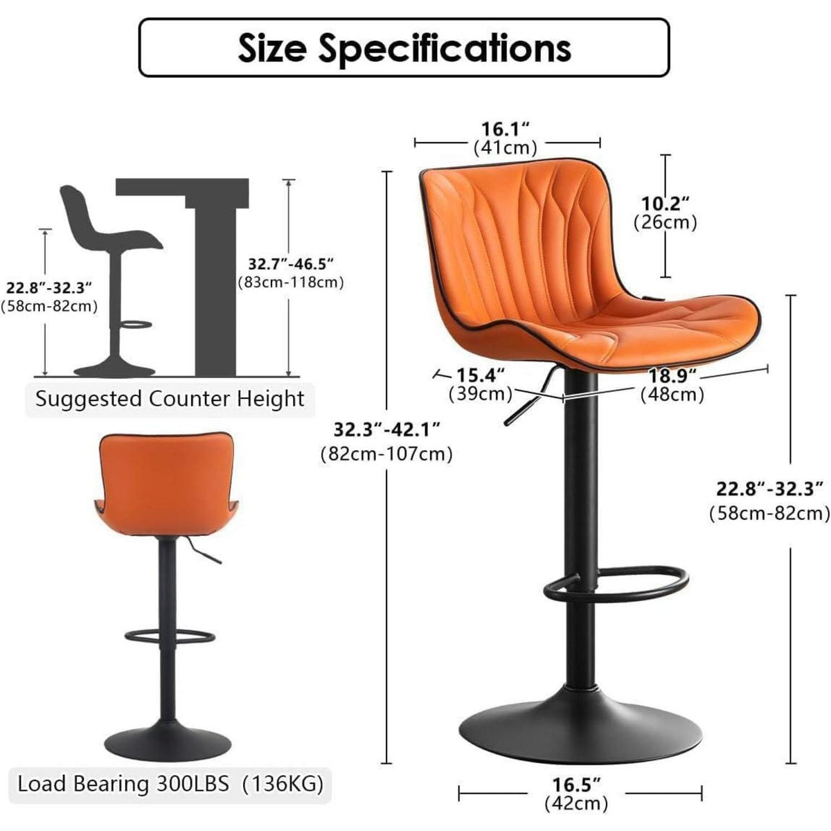 Drehbarer Barhocker Set, Höhenverstellbar, Orange in Lederoptik