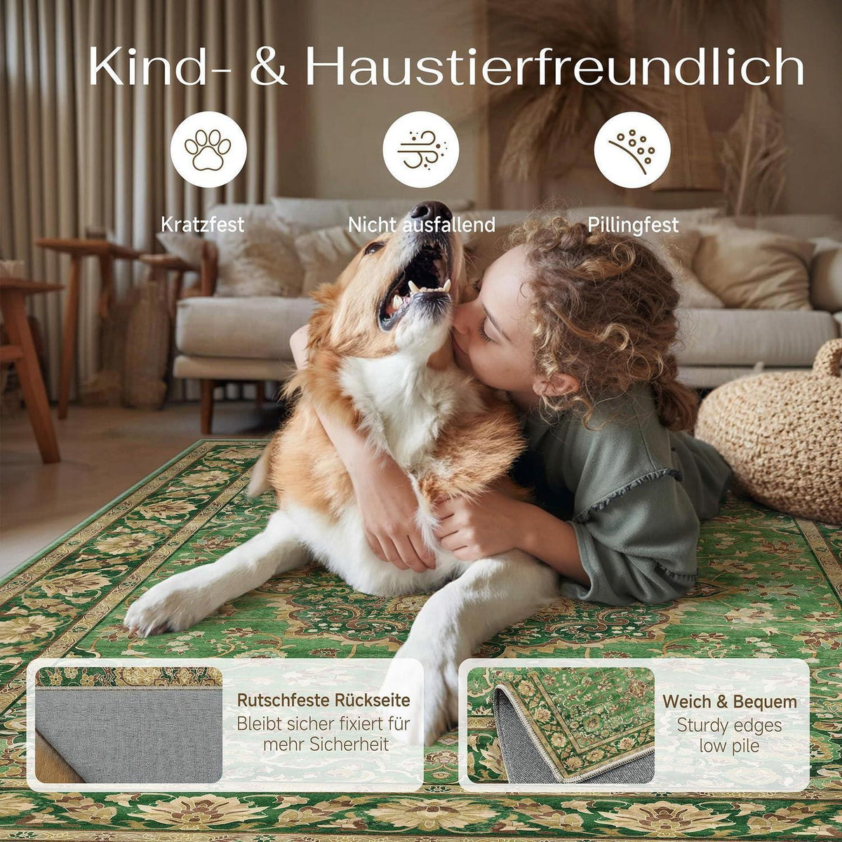 Waschbarer Läufer Grün Gold Moon 60x240cm - Rutschfest & Vintage