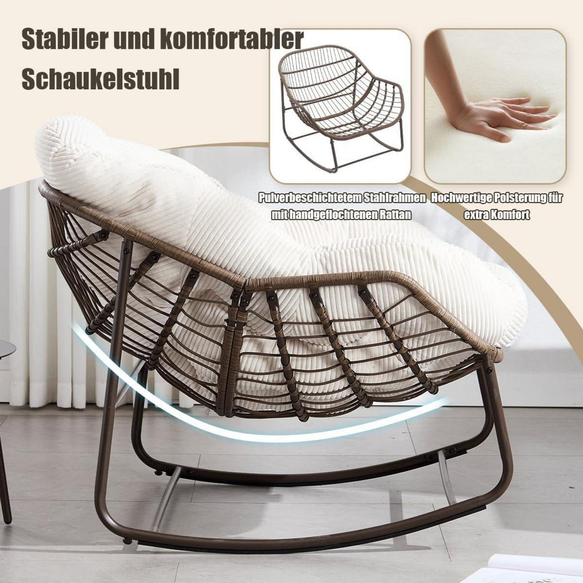 Rattan Schaukelstuhl Eiförmig mit Cord Kissen – Indoor & Outdoor
