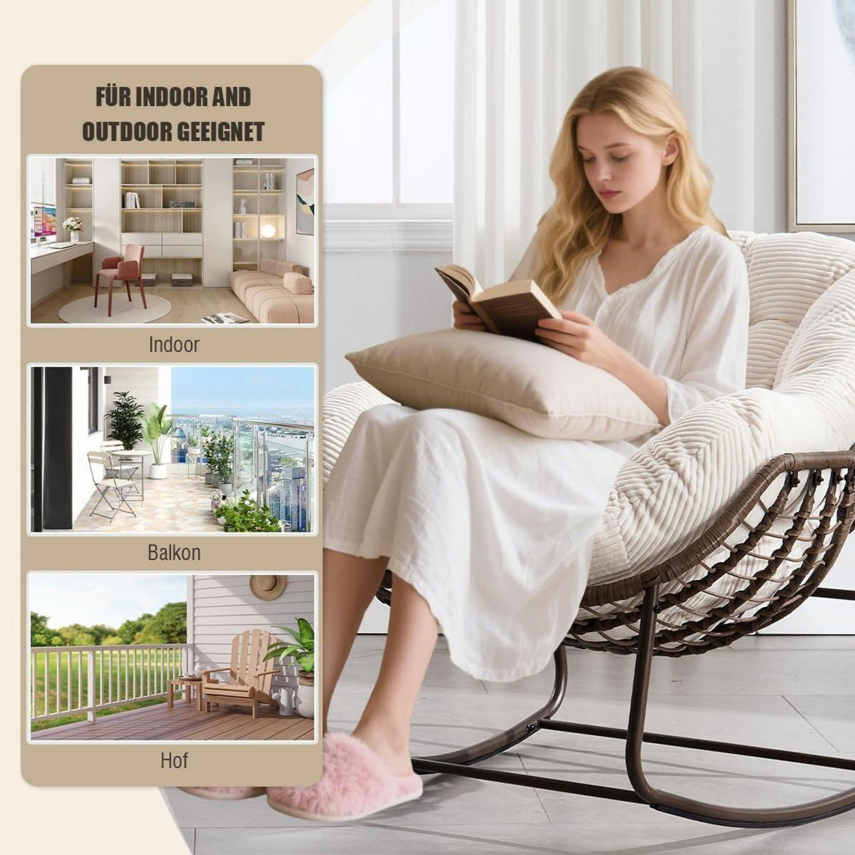 Rattan Schaukelstuhl Eiförmig mit Cord Kissen – Indoor & Outdoor