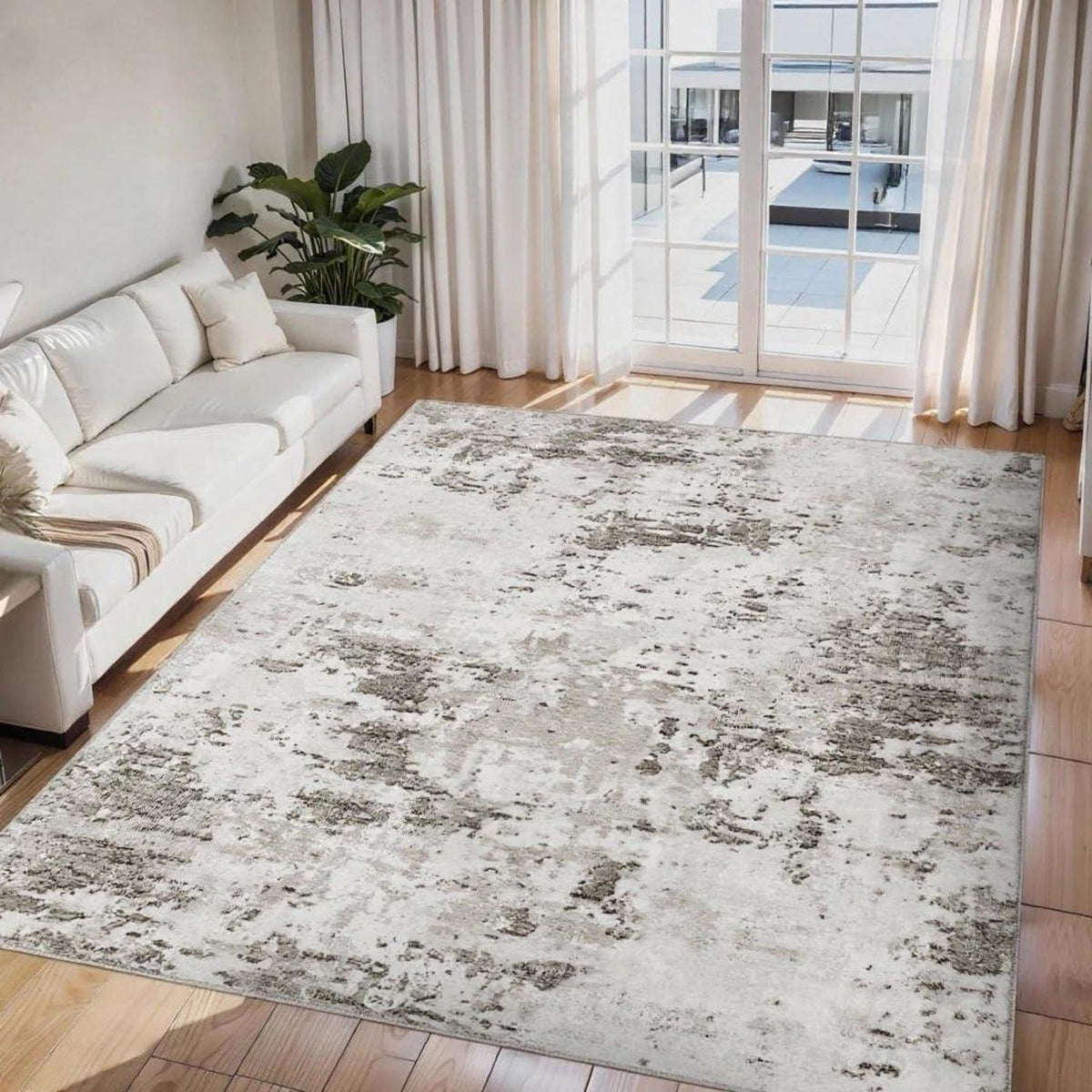 Abstrakter Teppich 240x340 cm – Beige Kurzflor, Waschbar & Rutschfest