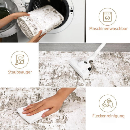 Abstrakter Teppich 240x340 cm – Beige Kurzflor, Waschbar & Rutschfest