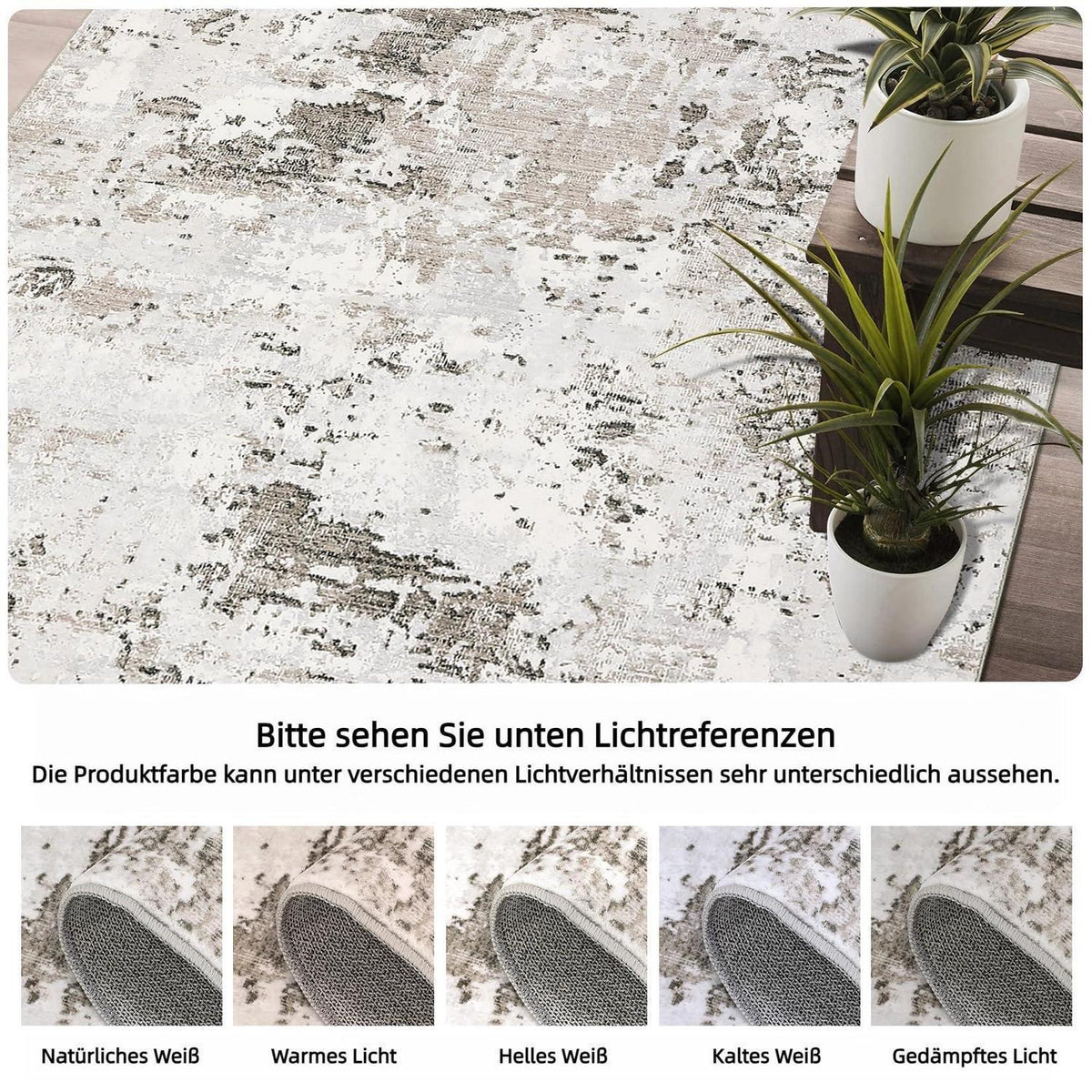Abstrakter Teppich 240x340 cm – Beige Kurzflor, Waschbar & Rutschfest