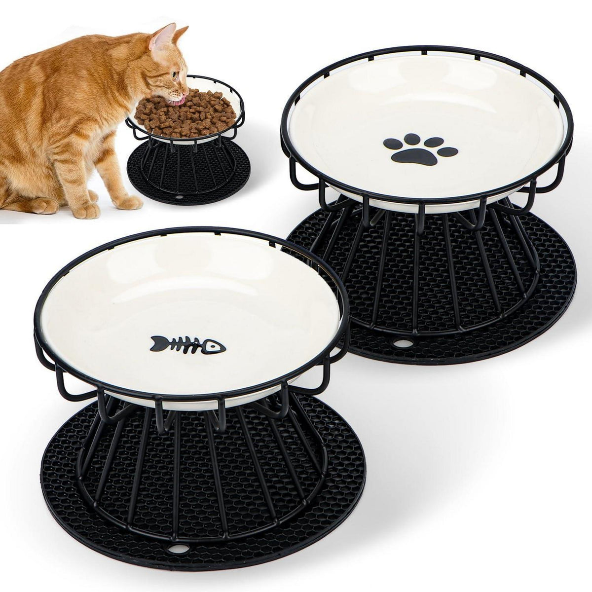 Erhöhte Katzennäpfe Keramik - 2er Set mit Silikonmatte