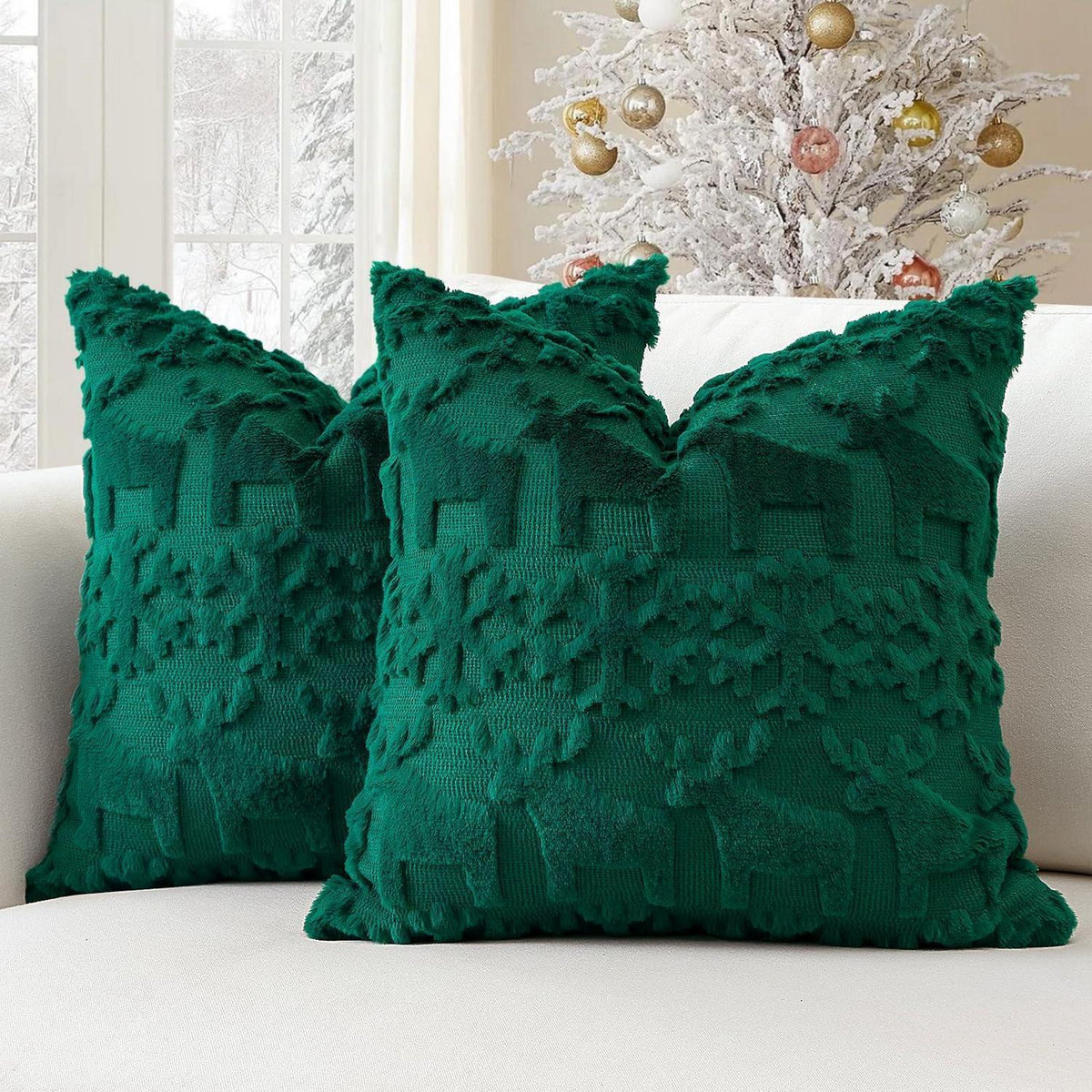 Weihnachtliche Kissenbezüge 50x50cm - 2er Set, Grün, Schneeflocken & Elch