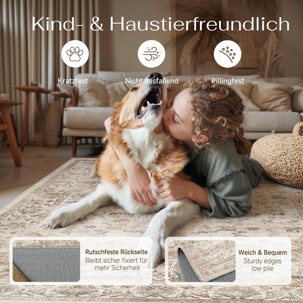 Waschbarer Läufer Beige 60x180cm – Rutschfest & Vintage Kurzflor
