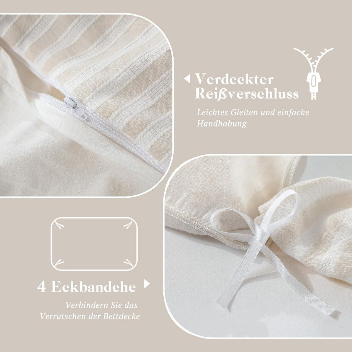 Bettwäsche-Set 135x200 Baumwolle Gestreift Beige & Grau 4tlg.