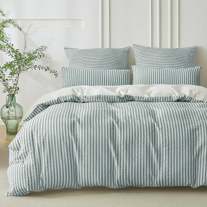 Bettwäsche-Set 135x200 Baumwolle Gestreift Dunkelgrün & Weiß 4tlg.