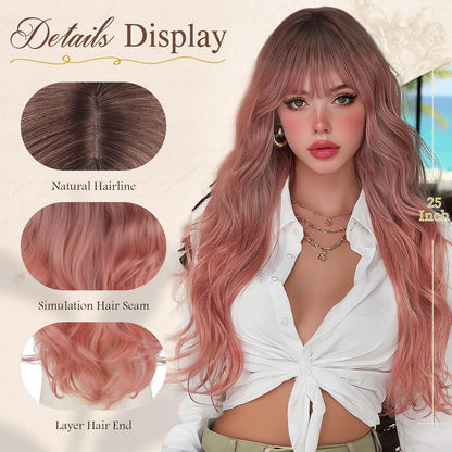 Welliges, langes Pony Perücke Blond Rosa, 60cm, Hitzebeständig