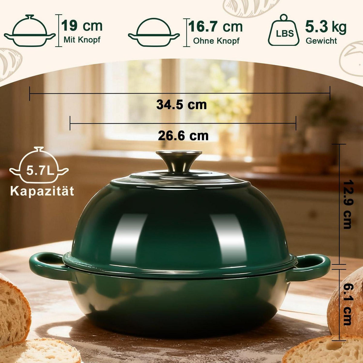 Gusseisen Dutch Oven Brotbacktopf 5,7L Grün