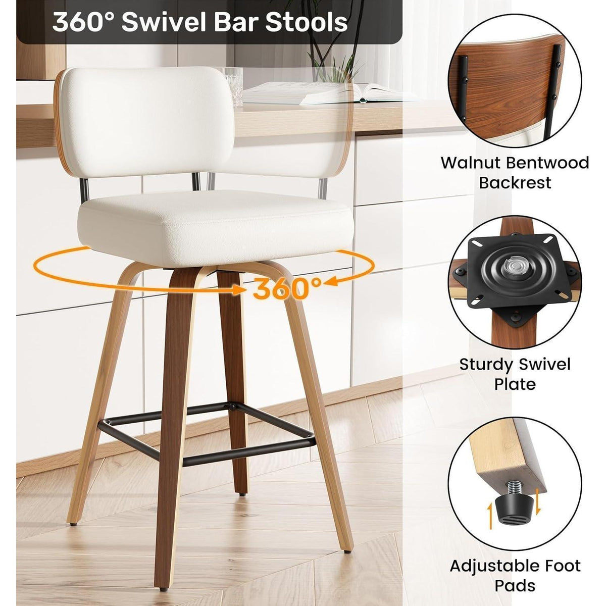 Drehbarer Barhocker 4er Set – Beige, 65cm Sitzhöhe, Mid-Century