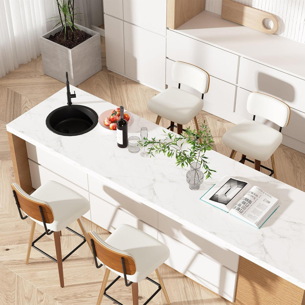 Drehbarer Barhocker 4er Set – Beige, 65cm Sitzhöhe, Mid-Century