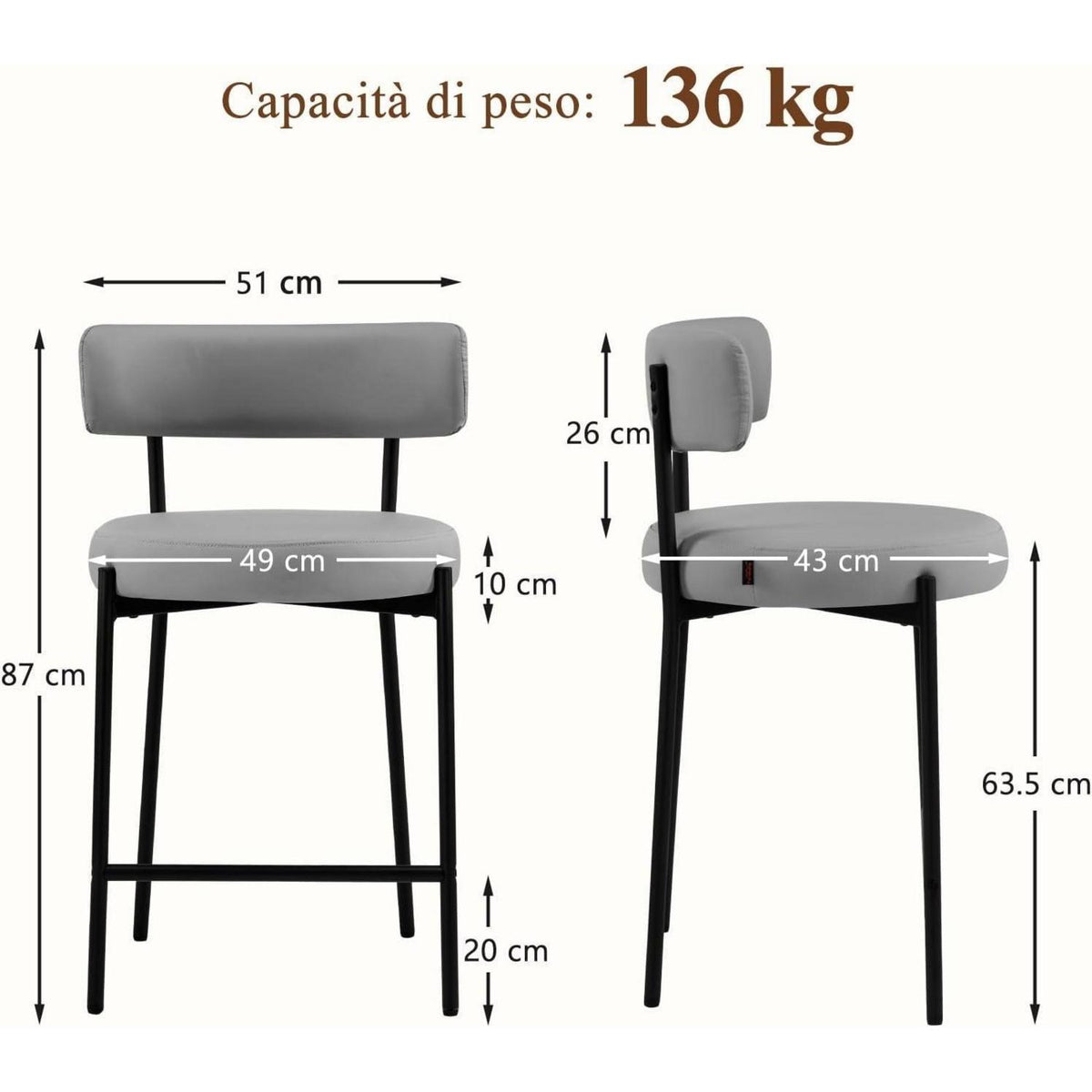Barhocker Set 2 Grau – Gepolsterte Barstühle mit Rückenlehne