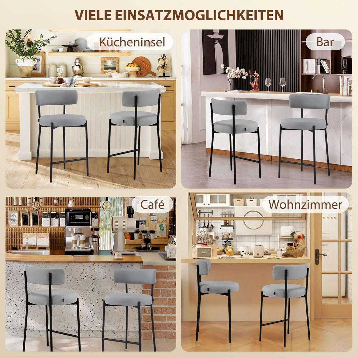 Barhocker Set 3er Grau – Gepolsterte Barstühle mit Rückenlehne