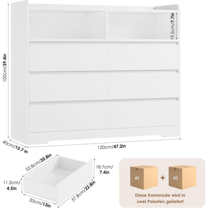 Kommode 6 Schubladen Weiß 120cm – Sideboard für Schlafzimmer