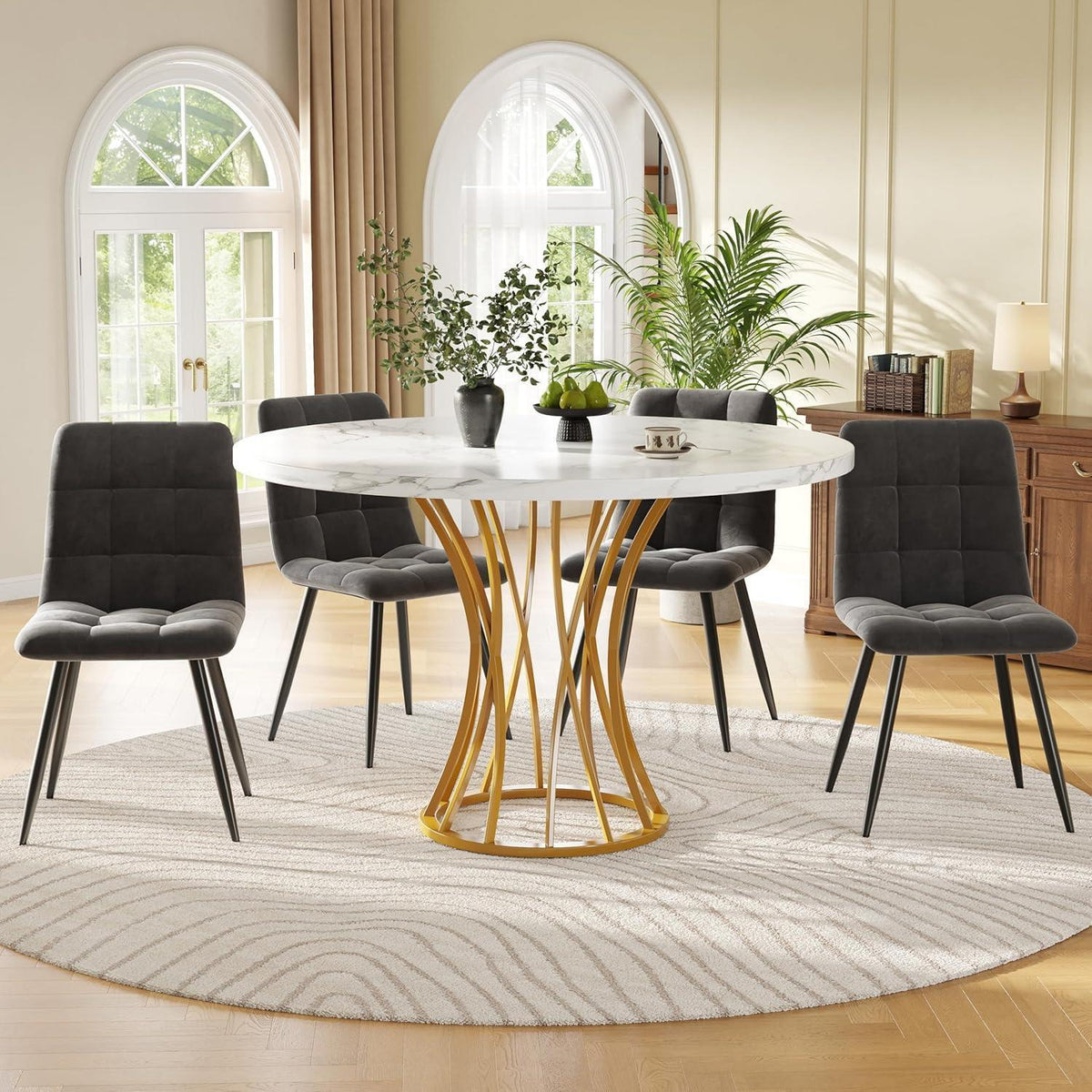5-teiliges Esstisch Set Grau & Gold – Modernes Esszimmer mit Stühlen