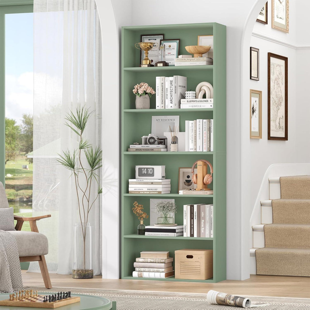 Holzregal mit 6 Fächern – Grün, 180 cm Bücherregal