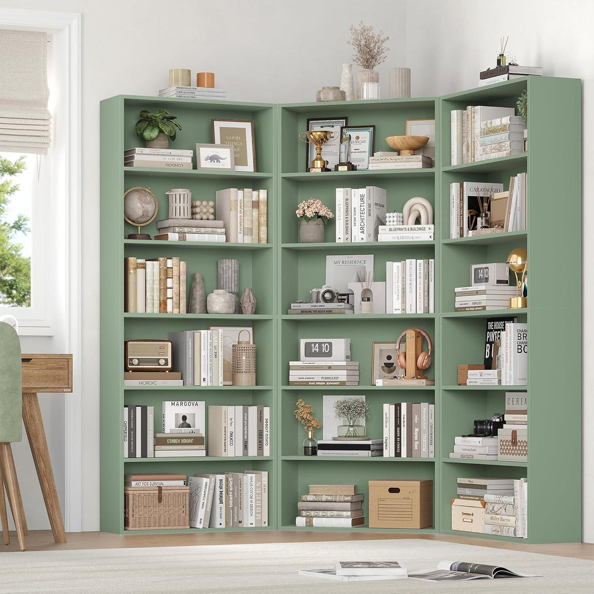Holzregal mit 6 Fächern – Grün, 180 cm Bücherregal