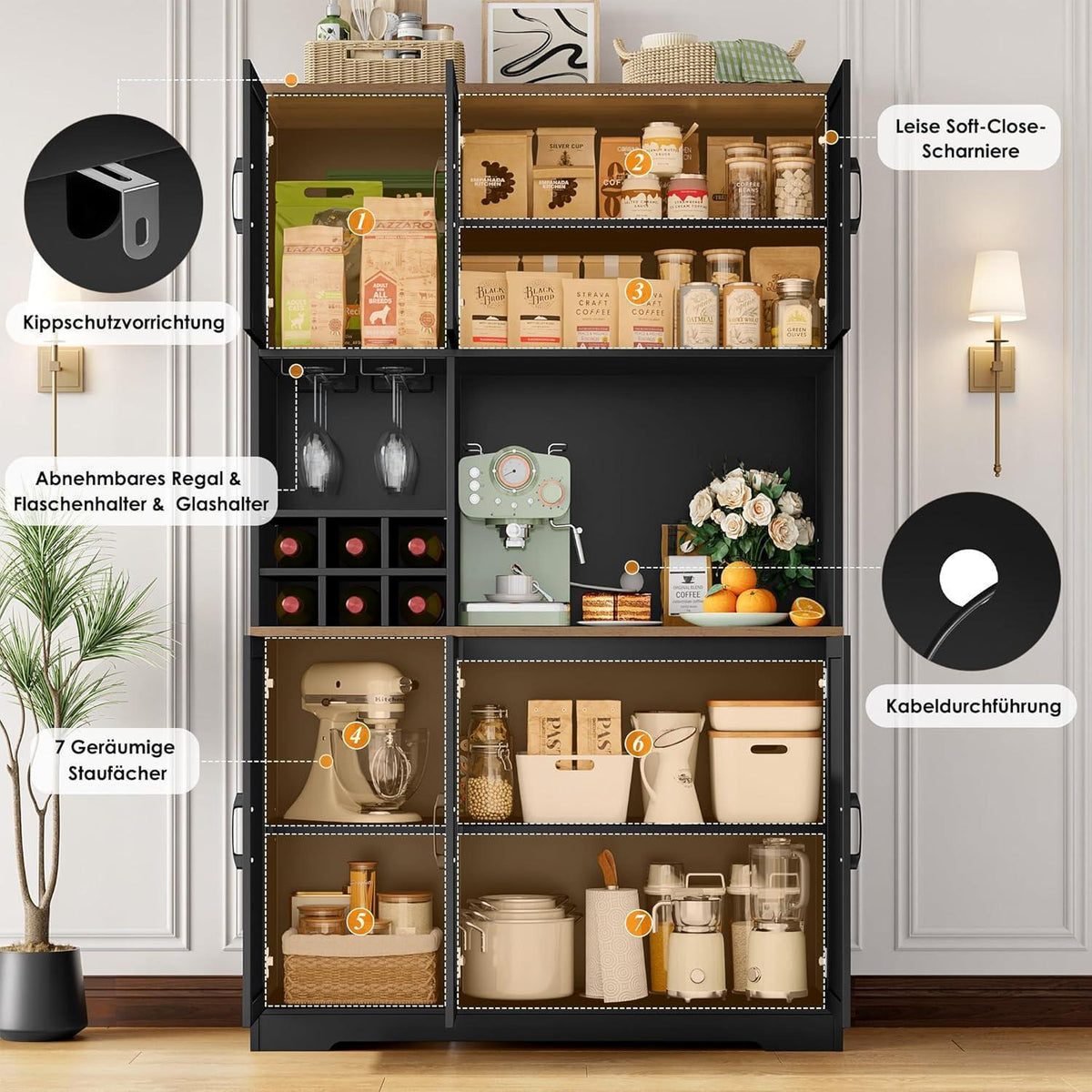 Küchenschrank 106x180 cm Schwarz | Buffetschrank mit 6 Türen