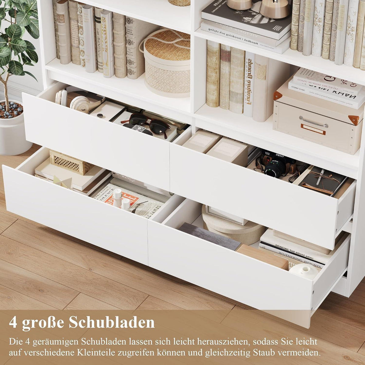 Bücherregal mit 4 Schubladen & 8 Fächern – Weißes Wohnzimmerschrank