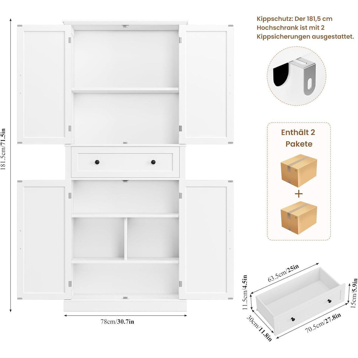 Hochschrank mit 4 Türen & Schublade – Weißes Küchenbuffet 181,5cm