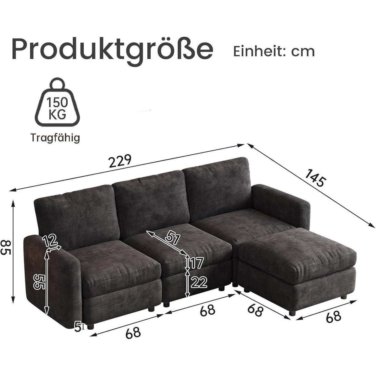 Modulares Ecksofa mit Stauraum & Hocker – Grau, 4 Sitzplätze
