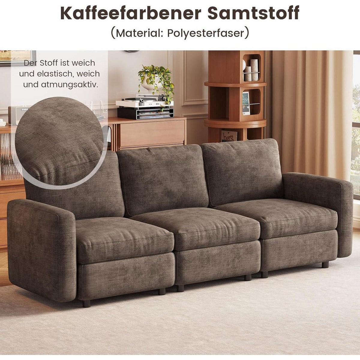 Modernes 4-Sitzer Sofa aus Velours in Braun
