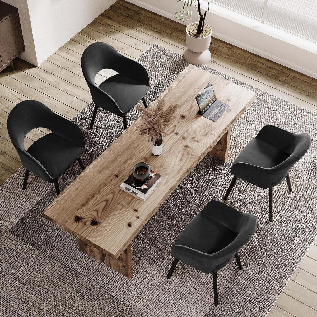 Esszimmerstühle Set 4er mit Samt & Holzbeinen Schwarz