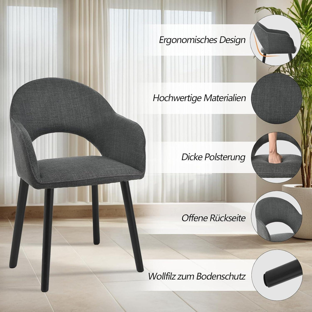 Esszimmerstühle Set 4er mit Armlehne Schwarzgrau Holzbeine