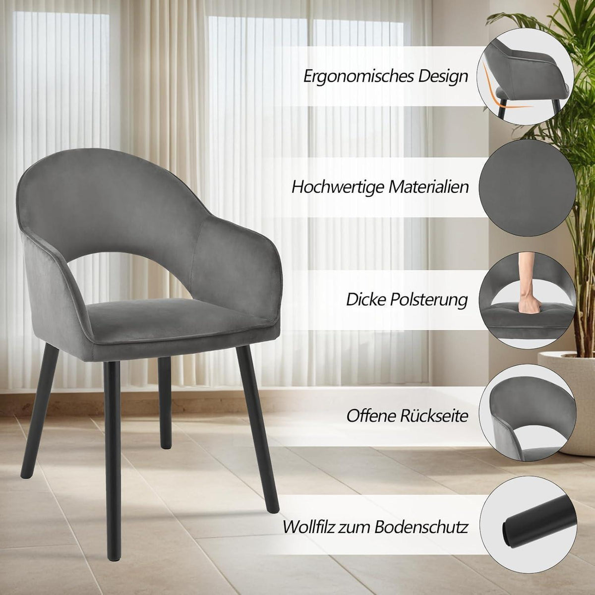 Samt Esszimmerstühle Set Dunkelgrau mit Holzbeinen & Armlehnen